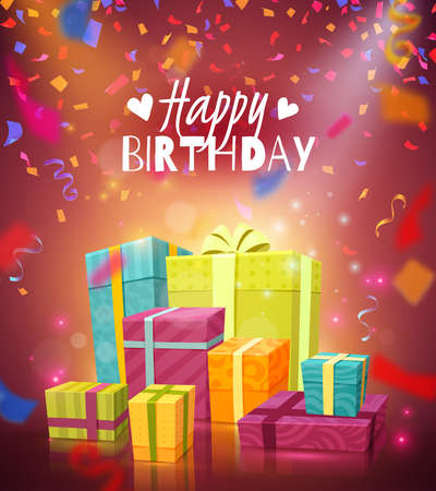 Happy birthday colorful festive background with flying shredded paper confetti and gift boxes in elegant packaging realistic vector illustrationのイラスト素材