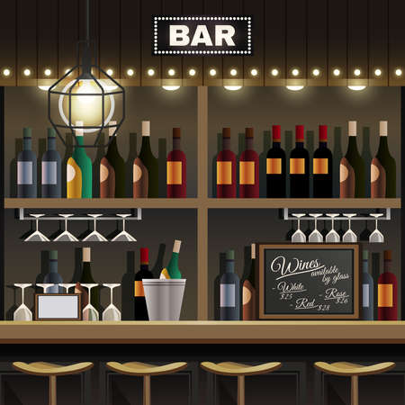 Cafe restaurant pub bar realistic interior detail with wine liquor bottles display shelves and counter stools vector illustrationのイラスト素材