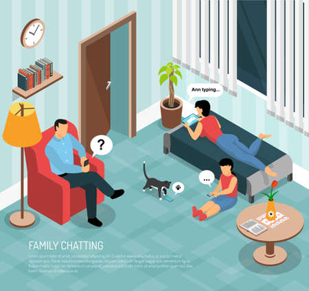 Family members father mother teenager and cat chatting home online with smartphones tablets isometric composition vector illustrationのイラスト素材