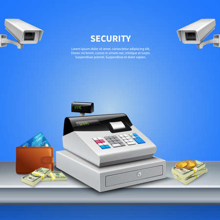 Realistic background with two surveillance cameras cash register banknotes and coins vector illustrationのイラスト素材