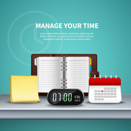 Time management realistic colored composition with different elements on manage your time theme vector illustrationのイラスト素材