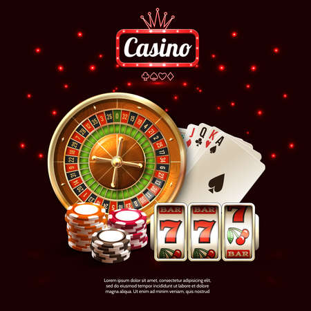 Glowing casino realistic composition with golden russian roulette cards and slot machines vector illustrationのイラスト素材