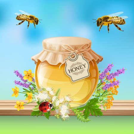 Flying bees and ladybird beetle with lavender and linden honey jar realistic composition with insects vector illustrationのイラスト素材