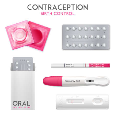 Contraception oral birth control pills condoms and early pregnancy tests kits realistic objects collection isolated vector illustrationのイラスト素材