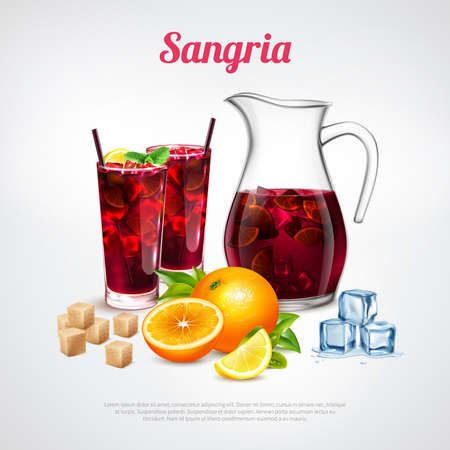 Cocktails realistic poster with sangria ingredients and jug of alcoholic beverage inside vector illustrationのイラスト素材