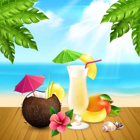 Cocktails realistic composition with two pina colada cocktail one in glass and second in coconut at the beach vector illustrationのイラスト素材