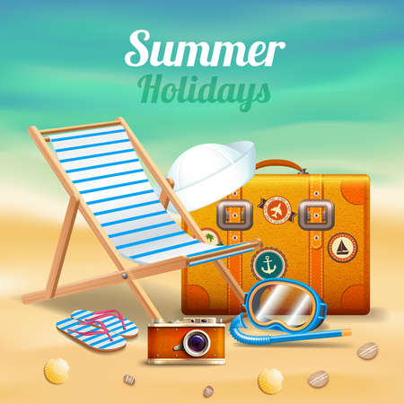 Beautiful summer holidays realistic composition with sunbed and suitcase on shore of the turquoise sea vector illustrationのイラスト素材