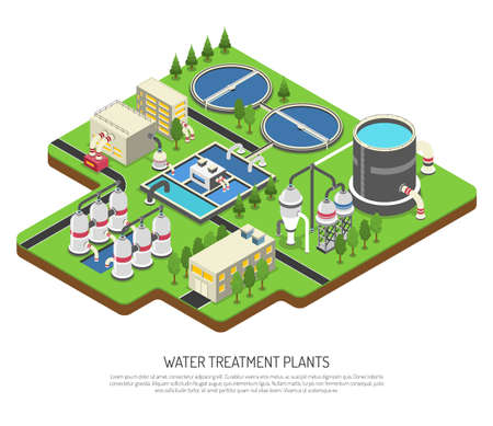 Water treatment plants isometric vector illustration with storage tank distribution   prefiltration and final filtration unitsのイラスト素材