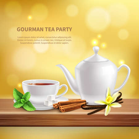 Teapot and cup with delicious hot tea with different herbs ans spices realistic background vector illustrationのイラスト素材