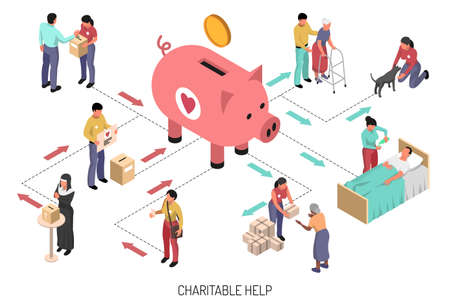 Isometric flowchart with volunteers providing charitable help to people and animals 3d vector illustrationのイラスト素材