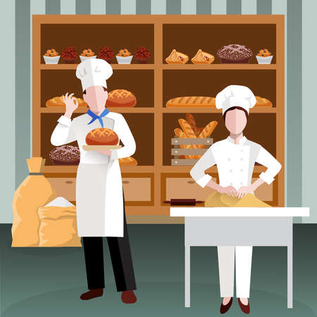 Cooking people colored and flat composition with two bakery employees in the workplace vector illustrationのイラスト素材