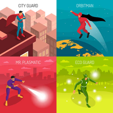 Four superheroes with various powers isometric 2x2 design concept isolated on colorful background 3d vector illustrationのイラスト素材