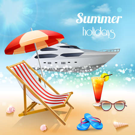 Realistic summer holidays composition sunbed and attributes for swimming against a beautiful expensive boat vector illustrationの販売画像