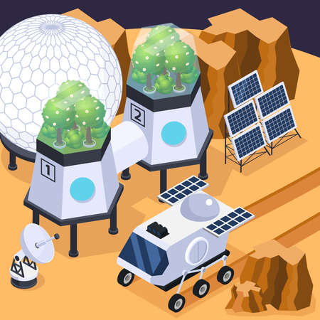 Space colonization terraforming isometric composition with rover vehicle solar arrays and other equipment on martian landform vector illustrationのイラスト素材