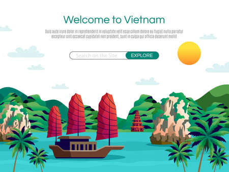 Welcome to vietnam cartoon vector illustration demonstrating sailboat with red sails floating in halong bayのイラスト素材