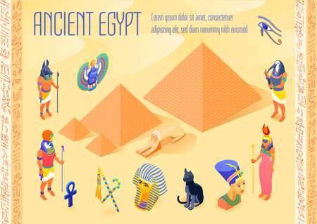 Isometric poster with various symbols of ancient egypt pyramids pharaohs egyptian gods 3d vector illustrationのイラスト素材