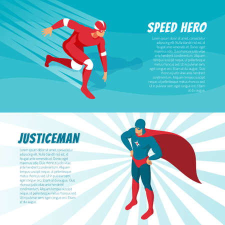 Fantastic superheroes in bright costumes horizontal isometric banners set 3d isolated vector illustrationのイラスト素材