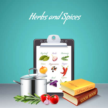 Realistic background with list of various herbs and spices two cook books and big pan vector illustrationのイラスト素材