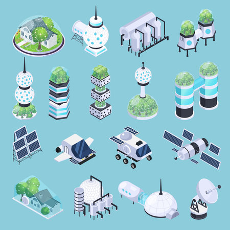 Space colonization terraforming isometric icons set with isolated images of rover vehicles satellites and modular ground buildings vector illustrationのイラスト素材