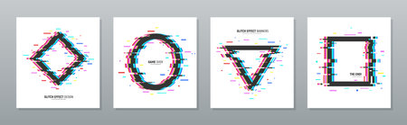 Glitch effect poster set with circle triangle rhombus and square distorted frames isolated vector...