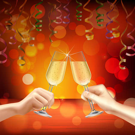Colored cocktails realistic composition with two people celebrate something with two glasses of champagne vector illustrationのイラスト素材