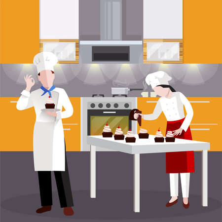 Flat cooking people in restaurant composition with cooking cakes at the kitchen in bakery vector illustrationのイラスト素材