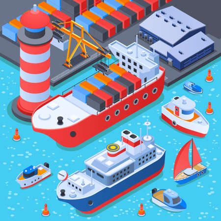 Port with ships isometric composition with dock equipment, depot, cargo vessel, ferry and small boats vector illustrationのイラスト素材
