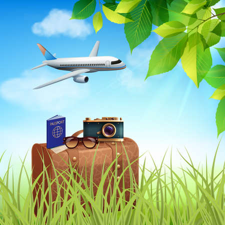 Summer holidays realistic colored concept airplane with tourists flies on a suitcase standing in the grass vector illustrationのイラスト素材