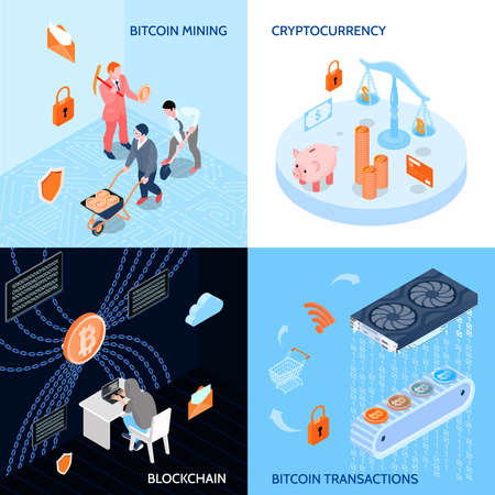 Crypto currency mining, block chain, bit coin transaction, computer hardware isometric design concept isolated vector illustrationのイラスト素材