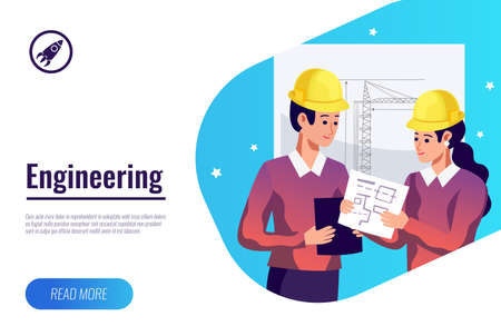 Engineering flat poster with two young builders in helmets against hand drawn construction crane background vector illustrationのイラスト素材