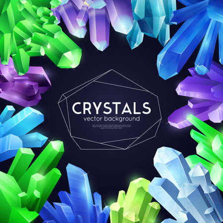 Vibrant violet bright green blue crystals   composition against black background decorative square frame poster cover vector illustrationのイラスト素材