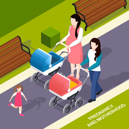 Pregnancy and motherhood isometric composition young mothers with prams during walk in park vector illustrationのイラスト素材