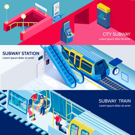 Underground subway station and train isometric horizontal banners set 3d isolated vector illustrationのイラスト素材