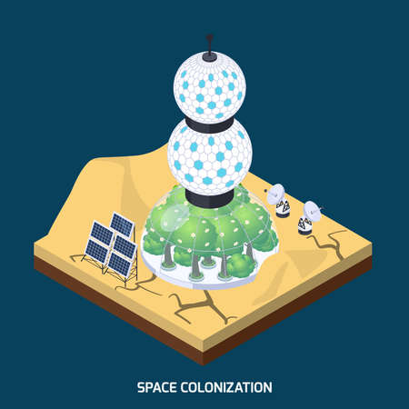 Space colonization terraforming isometric composition with piece of planet landform and cultivation module with live plants vector illustrationのイラスト素材