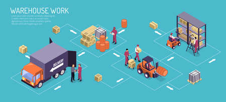 Warehouse work horizontal illustration with isometric logistic flowchart from  stacking and storage to delivery cargo transport vector illustrationのイラスト素材