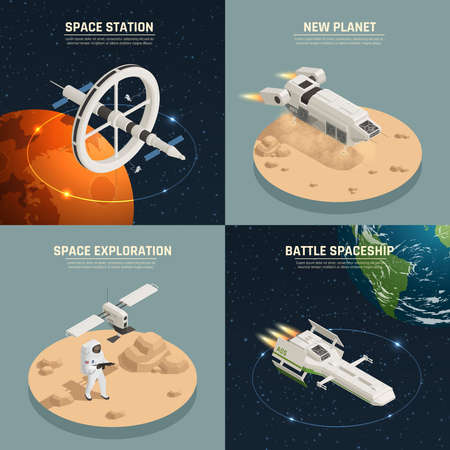 Space ships and station for exploration and battle 2x2 design concept isolated on colorful background 3d isometric vector illustrationのイラスト素材