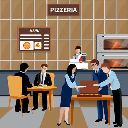 Flat business lunch people composition with workers and colleagues have lunch in a pizzeria vector illustrationのイラスト素材
