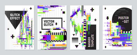 Set of four posters with glitch effect imitating defects of signal on monitor screen flat vector illustrationのイラスト素材