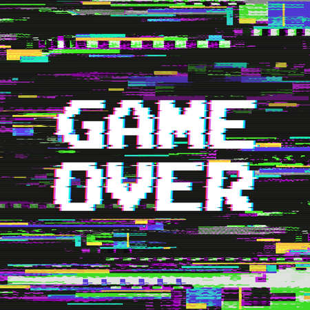 Game over text on video game screen with glitch effect on colored distorted background vector illustrationのイラスト素材