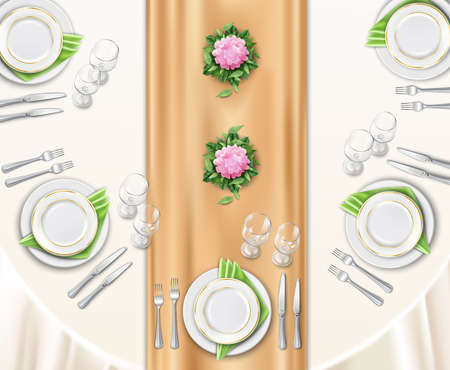 Dinner table set up background with top view of table covered with festive tablecloth and decorated by flowers realistic vector illustrationのイラスト素材
