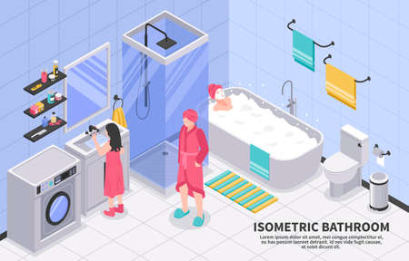 Family bathroom with shower cabin cubicle washing machine isometric composition with taking bath brushing teeth vector illustrationのイラスト素材