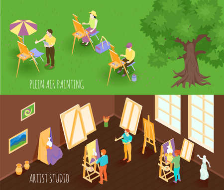 Set of isometric horizontal banners with plein air painting and artist studio isolated vector illustrationのイラスト素材
