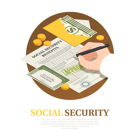 Document execution for social security benefits isometric round composition with unconditional income vector illustrationのイラスト素材