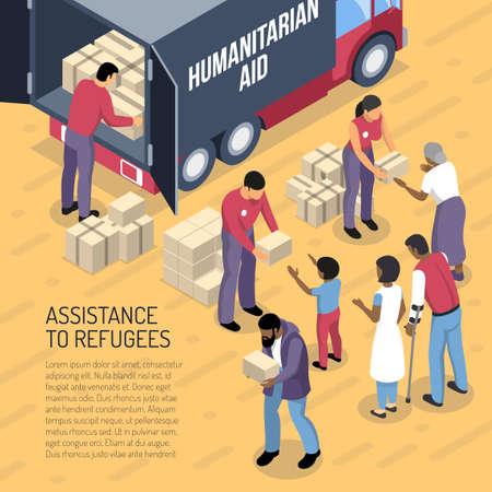 Humanitarian aid van and volunteers helping refugees 3d isometric vector illustrationのイラスト素材