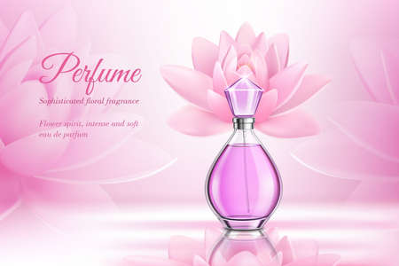 Perfume product rose composition for advertising of eau de parfum with floral fragrance realistic vector illustrationのイラスト素材