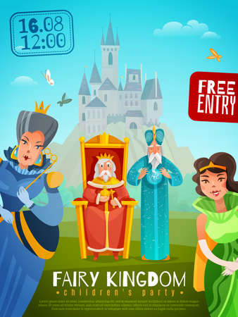Fairy kingdom  poster with performance date king sitting on throne old wizard princess and queen standing near cartoon vector illustrationのイラスト素材