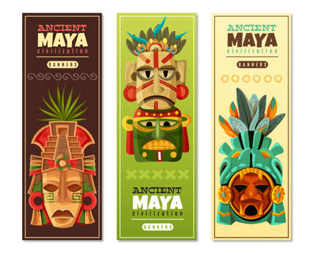 Ancient maya civilization vertical banners set with mayan mask as religious objects imaging mayan...