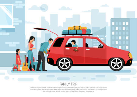 Young family with kids packing car for vacation road trip flat transportation  poster cityscape background vector illustrationのイラスト素材