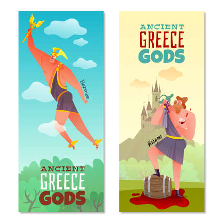 Ancient greece gods vertical banners flying hermes and dionysus with grape and glass wine isolated vector illustrationのイラスト素材