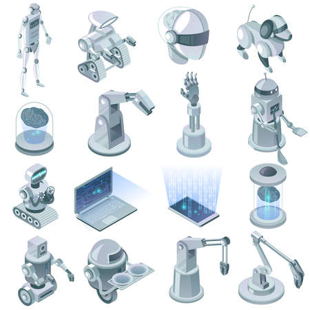 Artificial intelligence isometric set with signs of domestic robots and devices for virtual reality technology isolated vector illustrationのイラスト素材